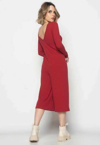 Macacão Manga Longa  Pantacourt Canelado  Fashion Vermelho