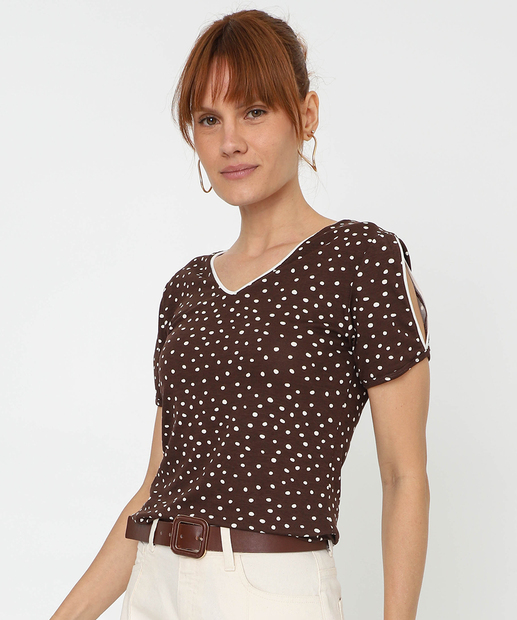 Image_Blusa Feminina Open Shoulder Estampa Poá Marisa Marrom