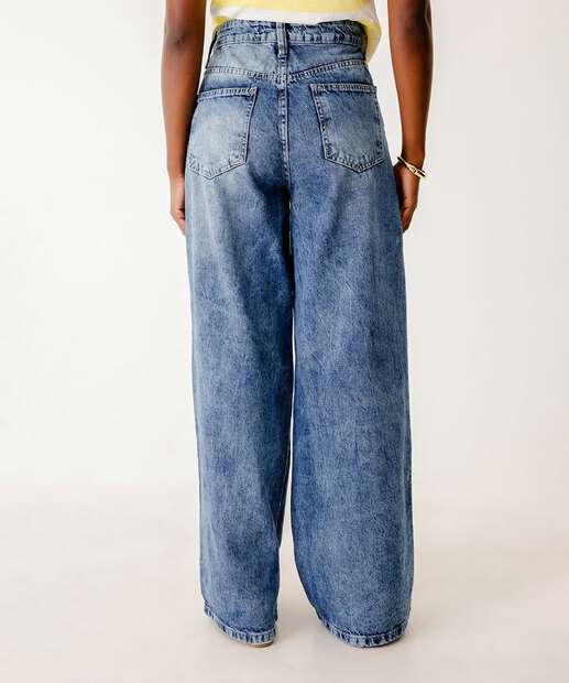 Calça Jeans Wide Leg Feminina Marmorizada Bolsos Marisa