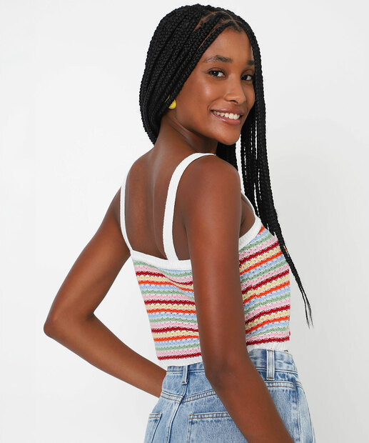 Blusa Cropped Feminina Tricô Listrado Marisa Off White