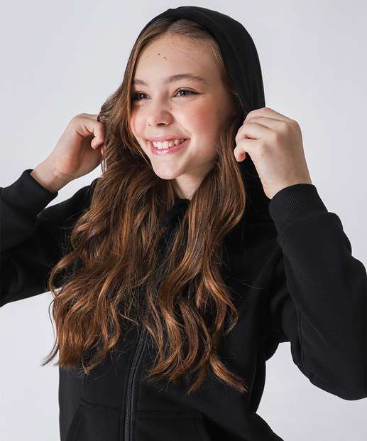 Casaco Juvenil Moletom Flanelado Marisa Tam 10 a 16 Preto