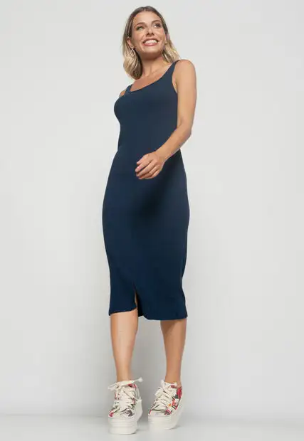 Vestido  Midi Fenda Canelado Azul