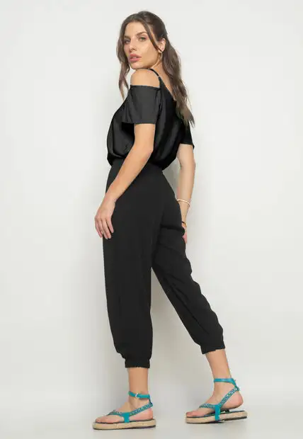 Regata Ombro Vazado Viscolinho Preto Salvatore Fashion