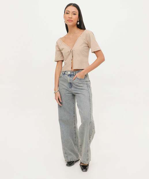 Calça Jeans Wide Leg Recorte Feminina Marisa