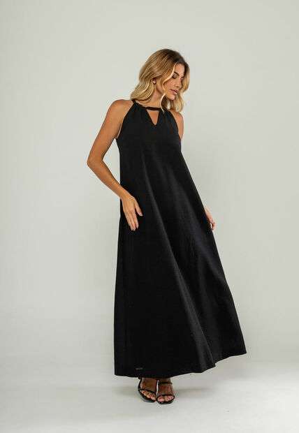 Vestido Longo Decote Com Recorte E Amarração Preto Salvatore