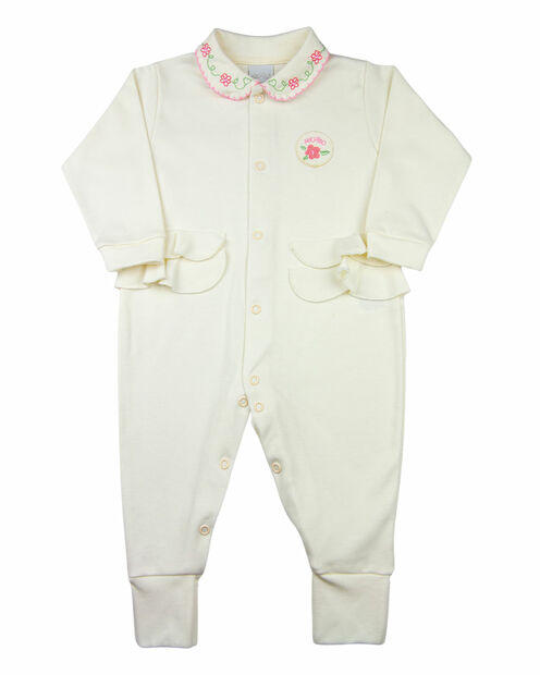 Macacão Bebê Suedine Golinha Bordada Flores - Natural