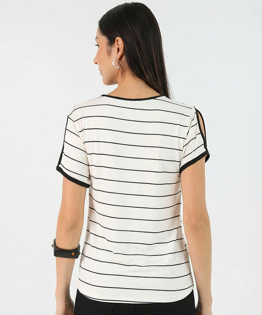 Blusa Feminina Viscolycra Listrada Manga Curta Vazada Marisa