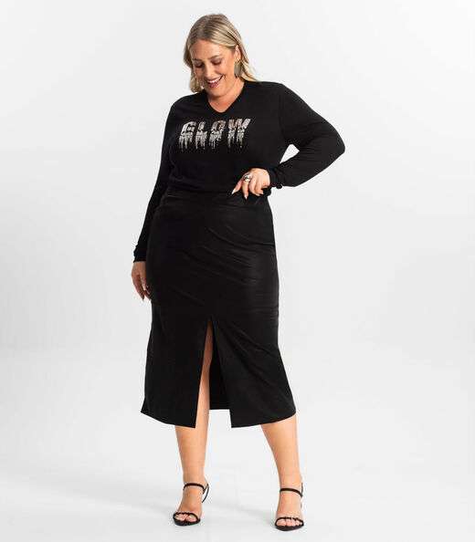 Saia Midi Plus Size Com Fenda Secret Glam Preto