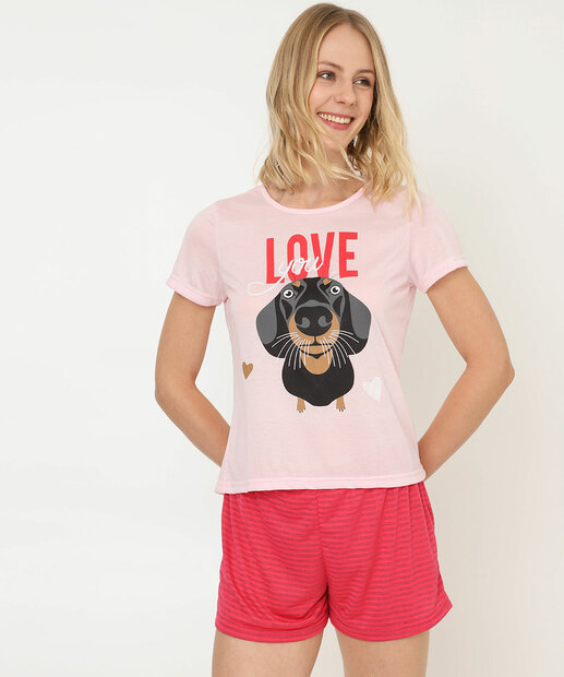 Pijama Feminino Estampa Cachorro Marisa Rosa