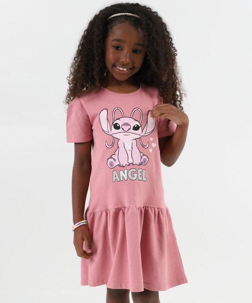Vestido Infantil Angel Manga Curta Disney Tam 4 a 10 Rosa