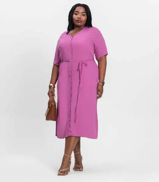 Vestido Chemise Longo Plus Size Secret Glam Rosa