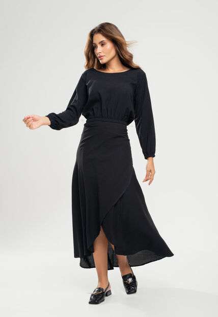 Cropped Gola Canoa Manga Longa Viscolinho Preto Salvatore Fashion