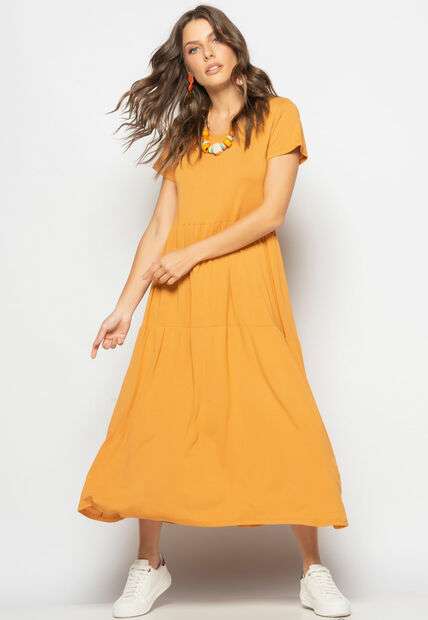 Vestido Midi Manga Curta Com Babado Caramelo Salvatore