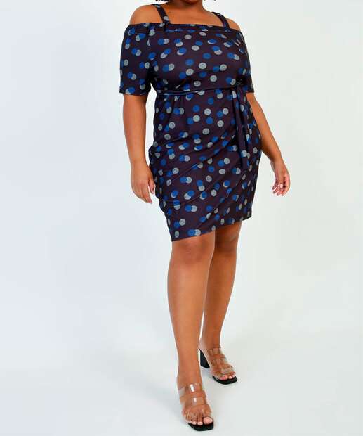 Vestido Plus Size Feminino Open Shoulder Estampa Poá