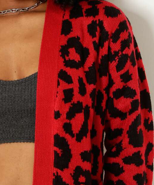Cardigan Feminino Tricô Alongado Animal Print Marisa