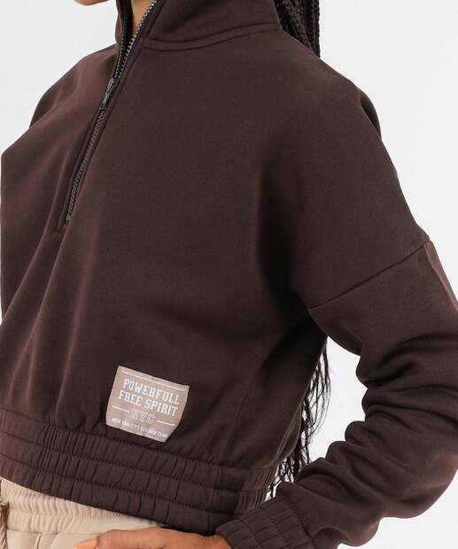 Blusão Feminino Cropped Moletom Flanelado Marisa Marrom