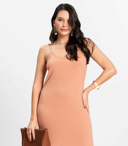 Vestido Midi em Ribana Canelada Rovitex Marrom