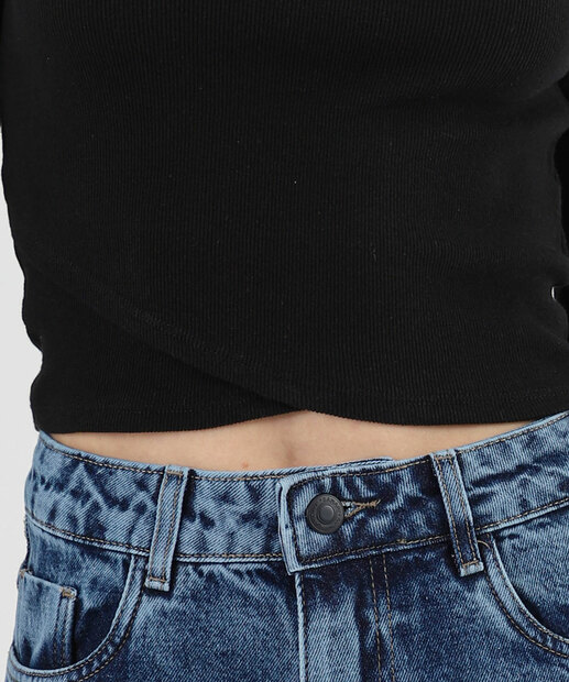 Blusa Cropped Feminina Canelada Manga Longa Marisa Preto