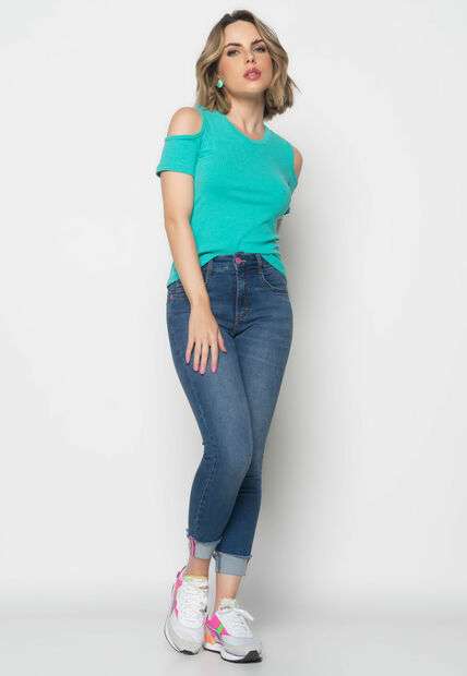 Blusa  Ombro Vazado Manga Curta Canelado Verde