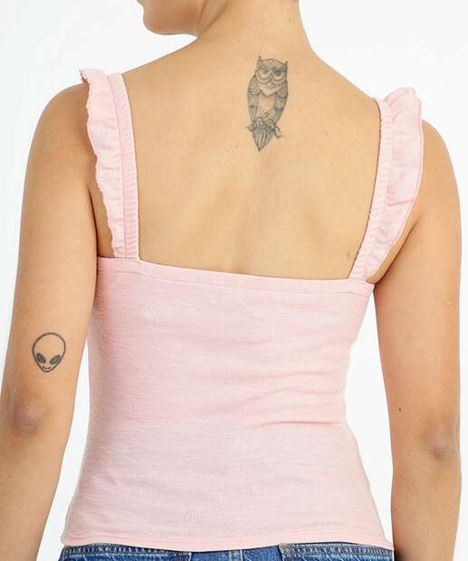 Blusa Regata Feminina Canelada Drapeada Alças Finas Babado 