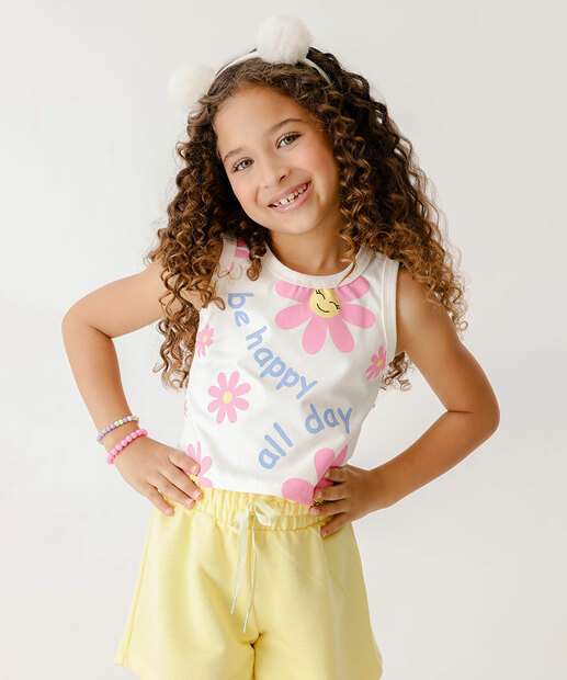 Conjunto Infantil Flores Glitter Manga curta Tam 4 a 10