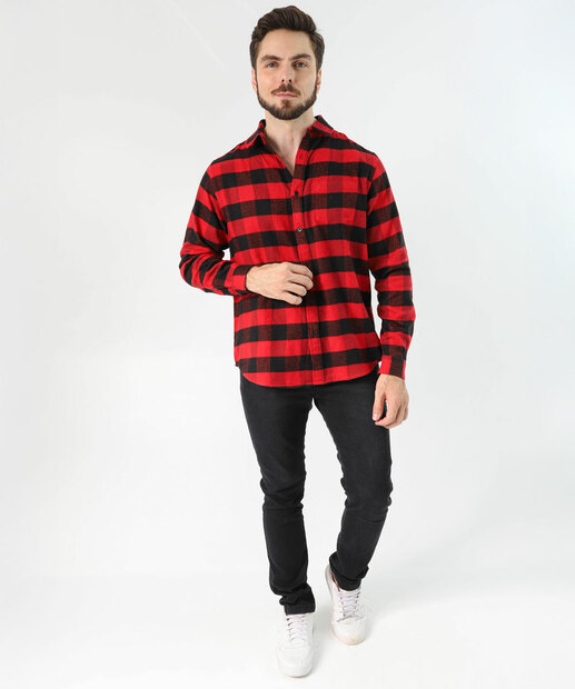 Camisa Masculina Xadrez Manga Longa Marisa Vermelho