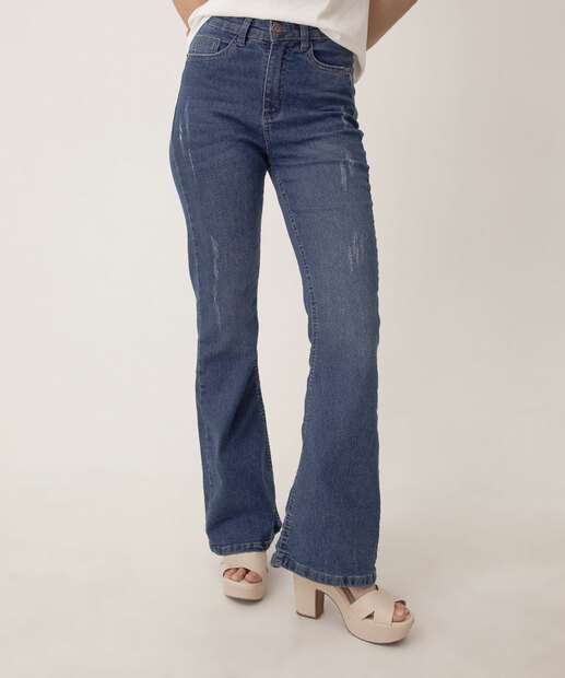 Calça Jeans Feminina Flare Puídos Cintura Alta