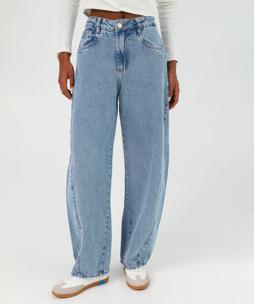 Calça Jeans Barrel Feminina Bolsos Sawary Azul
