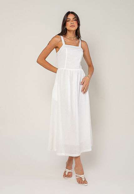 Vestido Alfaiataria Midi Com Alças Largas e Amarração Branco Salvatore