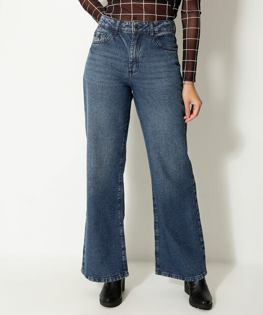 Calça Jeans Wide Leg Feminina Bolsos Marisa