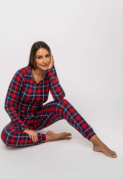Pijama Calça e Blusa M/L Malha Xadrez Vermelho Salvatore Fashion