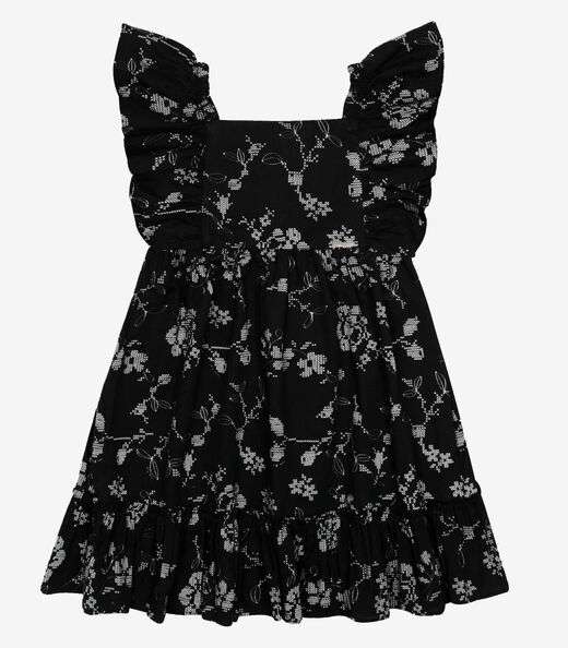Vestido Popeline Floral Bordado Trick Nick Preto