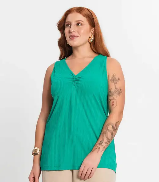 Regata Plus Size Em Ribana Canelada Secret Glam Verde