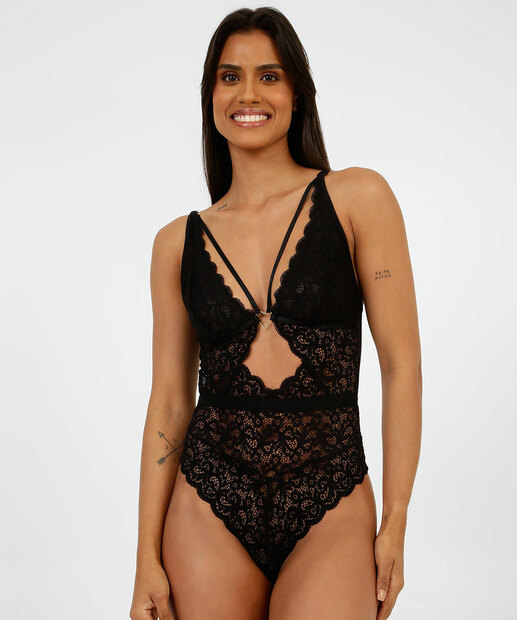 Body Feminino Sensual Renda Strappy Recorte Marisa 