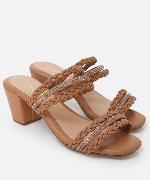 Tamanco Feminino Salto Grosso Tiras Strass Bege