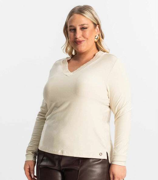 Blusa Plus Size Manga Longa Feminina Secret Glam Bege