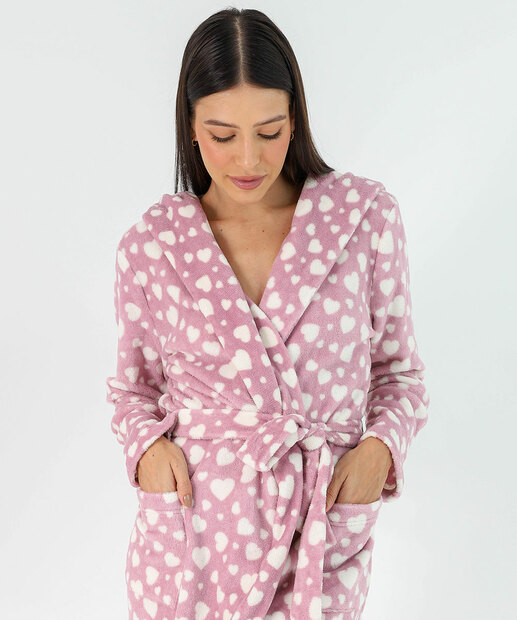 Roupão Feminino Plush Corações Manga Longa Marisa Rosa