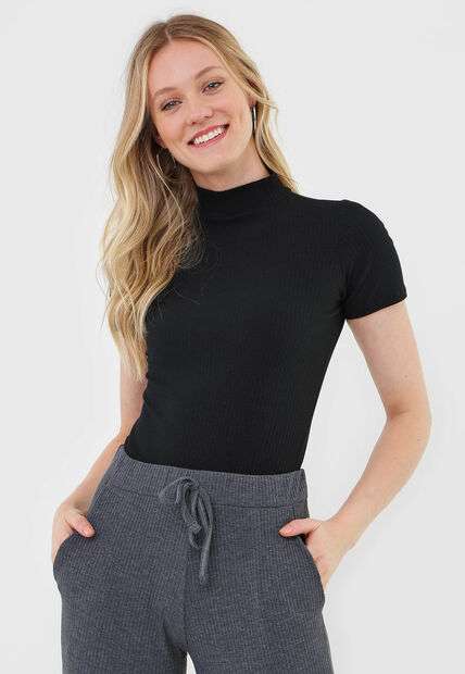 Kit 3 Blusas  Gola Alta Comfy Malha Canelada Preta, Branca e Mostarda