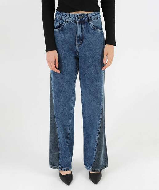 Calça Jeans Wide Leg Bicolor Feminina Sawary Azul