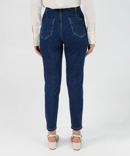 Calça Mom Jeans Cintura Alta Bolsos Sawary Azul