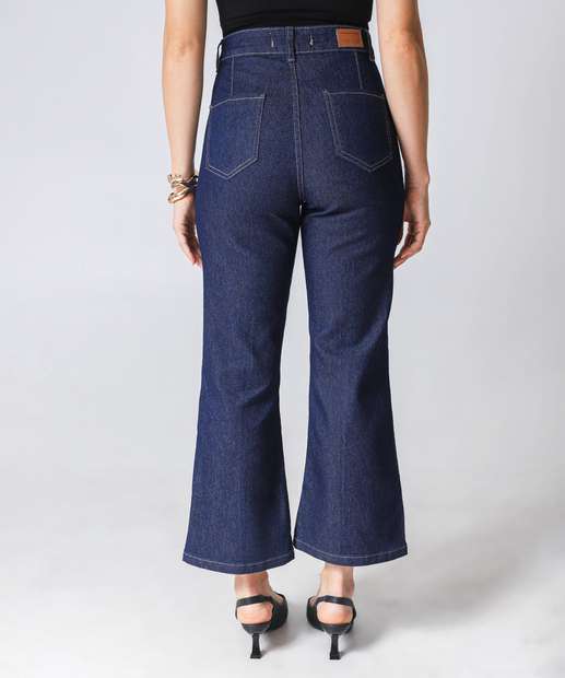 Calça Jeans Reta Feminina Bolsos Azul