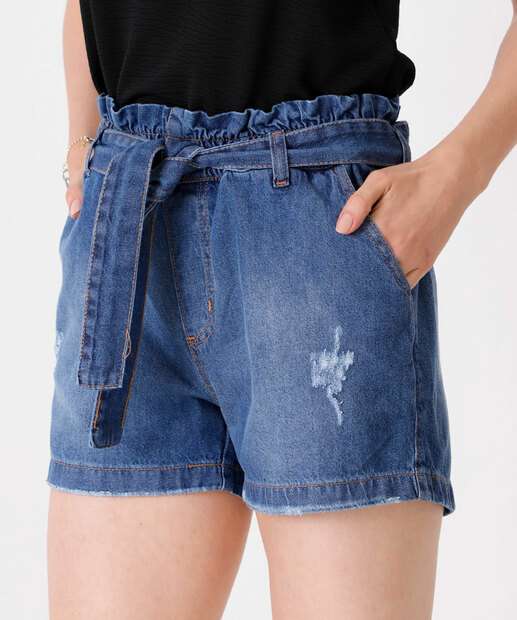 Short Jeans Feminino Clochard Cintura Alta Puídos 