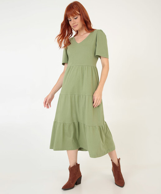 Vestido Midi Feminino Babado Manga Curta Marisa