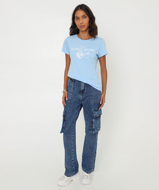 Camiseta Feminina Estampa Frase Manga Curta Marisa Azul