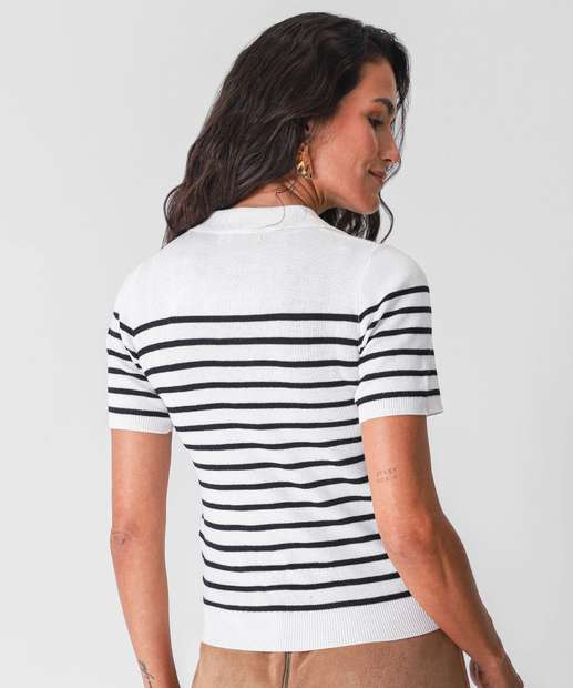 Blusa Polo Feminina Listrada Manga Curta Marisa Off White
