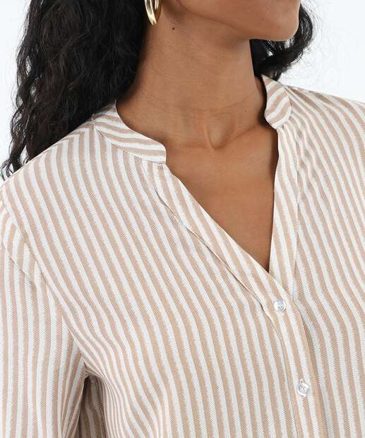 Camisa Feminina Listrada Manga Longa Marisa Bege