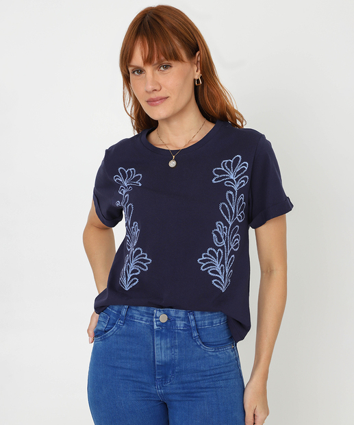 Image_Blusa Feminina Estampa Flores Manga Curta Marisa Azul