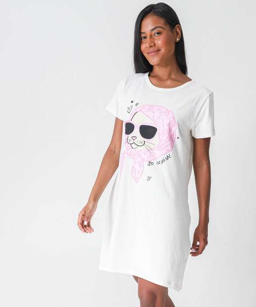 Camisola Estampa Gato Manga Curta Marisa Off White