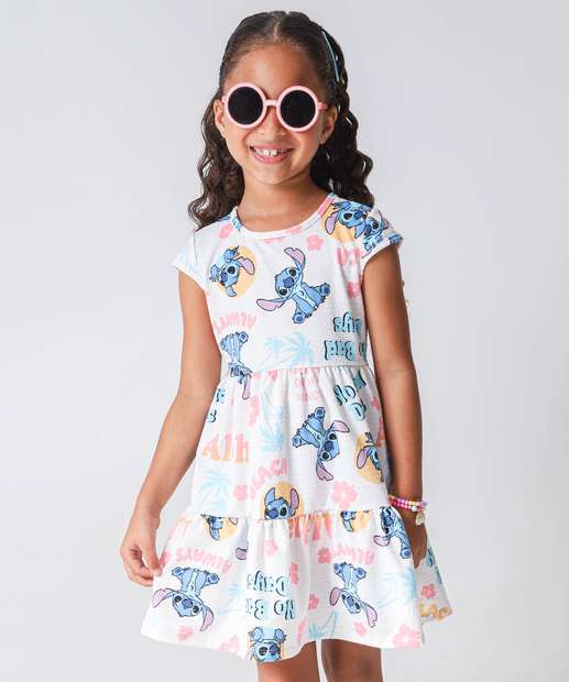 Vestido Infantil Stitch Manga Curta Disney Tam 4 a 10