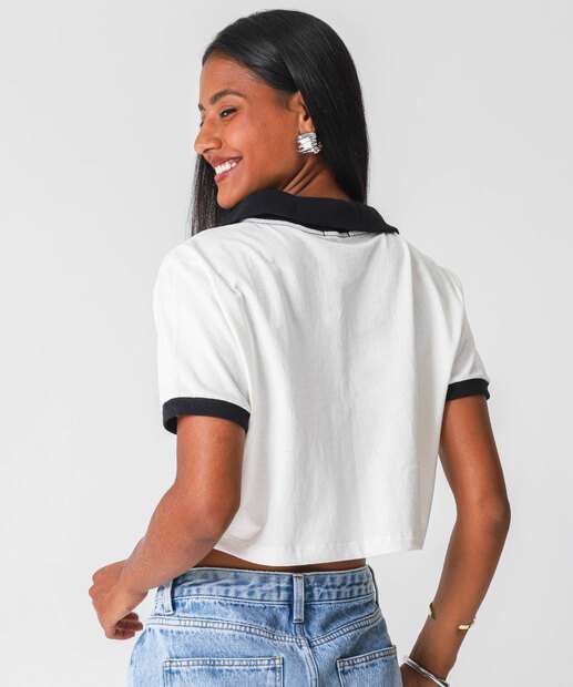 Blusa Polo Cropped Feminina Estampada Marisa Off White
